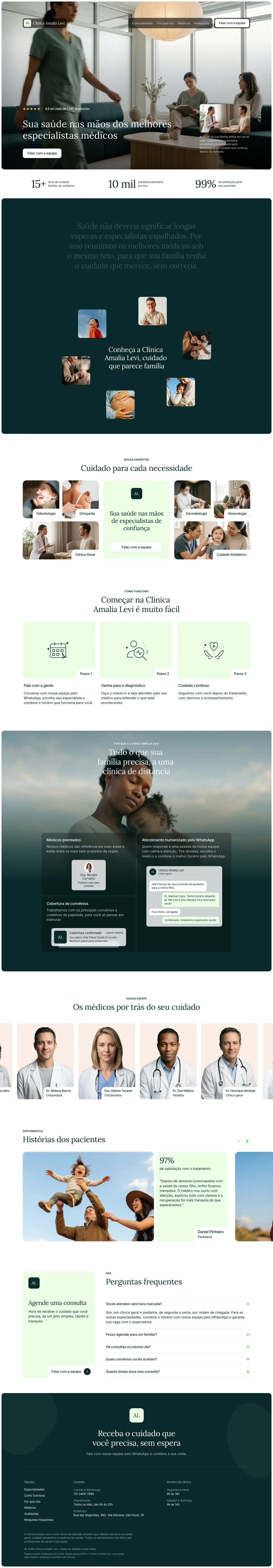 Página inteira do site da Clínica Amalia Levi: sala de espera no topo, especialidades em cards, equipe médica, perguntas frequentes e formulário de agendamento.