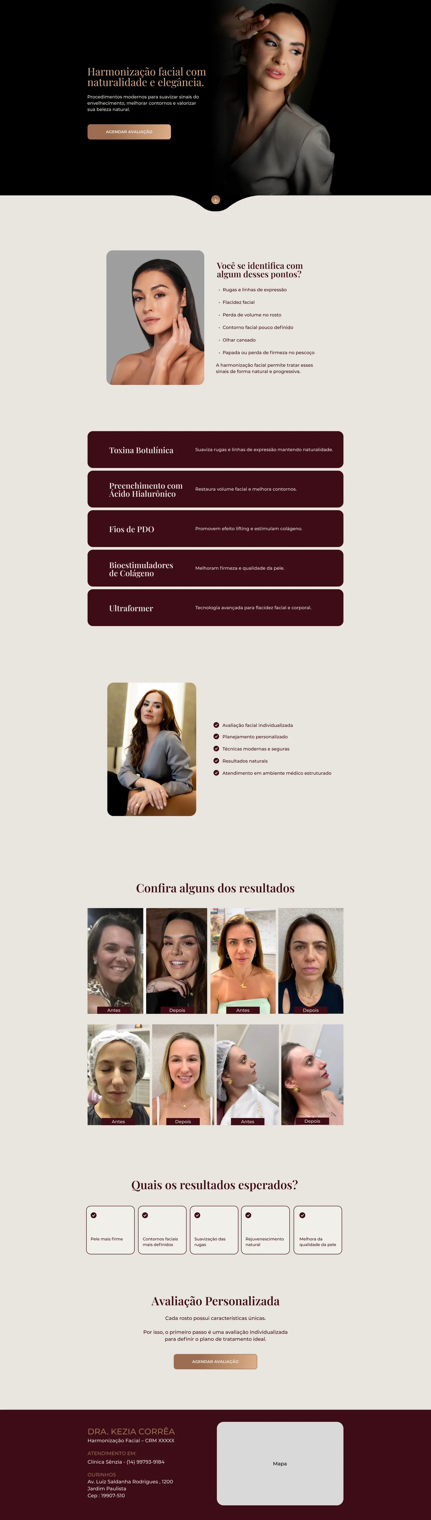 Página da Kezia: retrato no topo, harmonização facial com naturalidade e botão para agendar a avaliação.