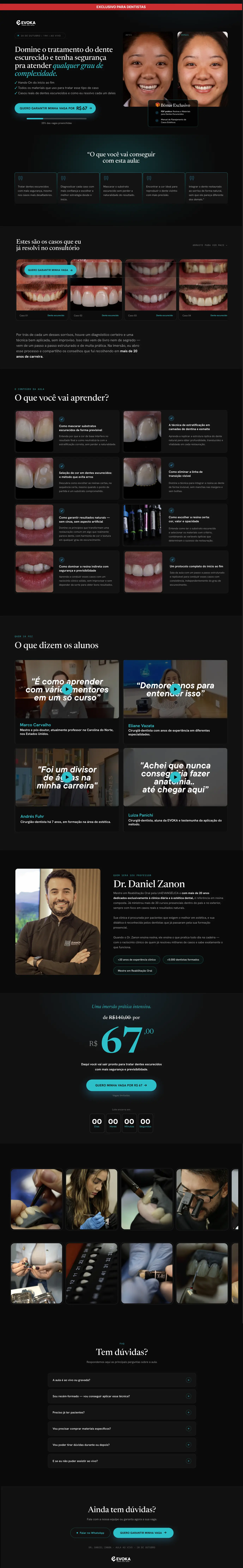 Página inteira da landing da aula do Dr. Daniel Zanon: antes e depois no topo, o que se aprende, depoimentos, o professor, a oferta e as perguntas frequentes.