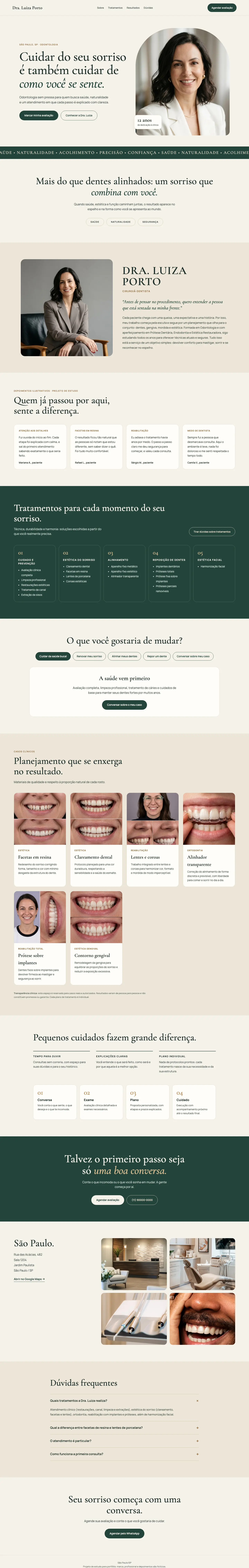 Página inteira do site da Dra. Luiza Porto: retrato da dentista no topo, tratamentos, casos clínicos, localização, perguntas frequentes e chamada para avaliação.