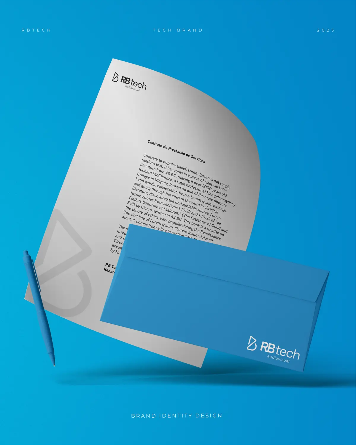 Papel timbrado e envelope azuis da RB Tech.